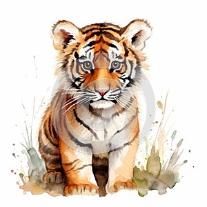 watercolor painting of a kid tiger on white background generative AI