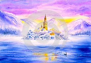 Watercolor Painting - Lake Bled, Slovenia