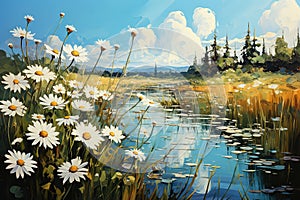 Watercolor painting of a lake with daisies in the meadow and blue sky