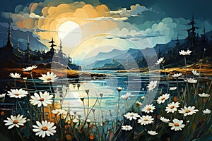 Watercolor painting of a lake with daisies in the meadow and blue sky