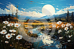 Watercolor painting of a lake with daisies in the meadow and blue sky