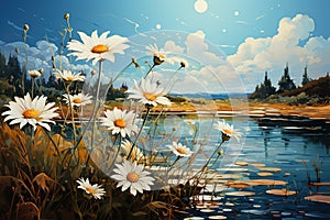 Watercolor painting of a lake with daisies in the meadow and blue sky