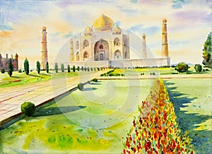 Watercolor painting landscape of archaeological site in the Taj mahal.