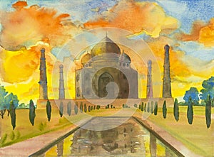 Watercolor painting landscape of archaeological site in the Taj Mahal.