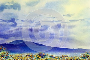 Watercolor painting landscape colorful of daisy flowers yellow.