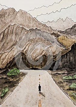 A watercolor painting with a landscape depicting silhouettes of mountains and roads