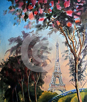 Watercolor painting landscape with eiffel tower