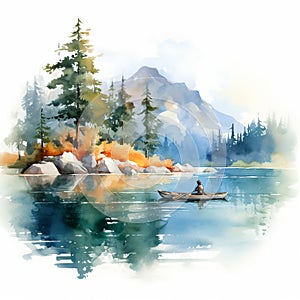 Watercolor painting of landscape with fisheman in a boat. in watercolor style. Watercolor illustration isolated on white photo