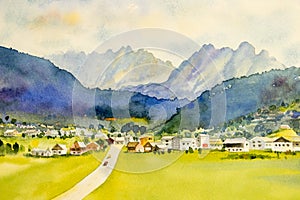 Watercolor painting landscape of Gosau is a village in the Austrian