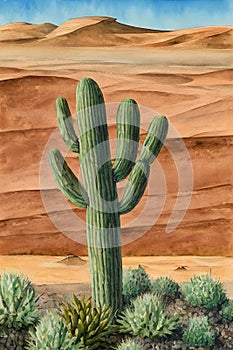 watercolor painting landscape image of vast desert with sparse vegetation of lone cactus.