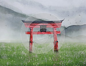 watercolor painting landscape Japanese gate on field and mountain covers fog. traditional oriental ink asia art hand drawn style.