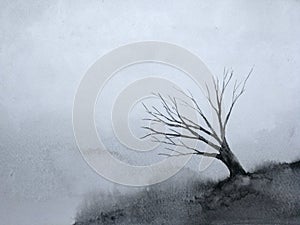 Painting landscape lonely dead tree in the winter season.