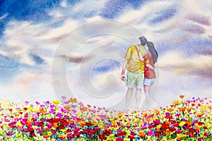 Watercolor painting landscape of love couple on daisy flowers.