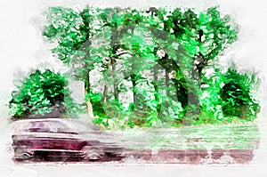 Watercolor painting - landscape with road, trees and moving car. Modern digital art, imitation of hand painted with aquarells dye