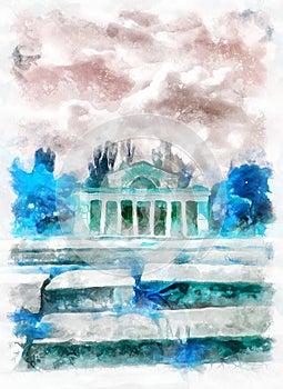 Watercolor painting - landscape with trees and building. Modern digital art, imitation of hand painted with aquarells dye