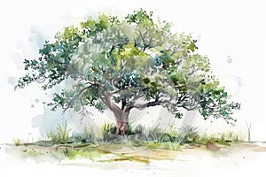 A watercolor painting of a large tree with a thick trunk and lush green leaves
