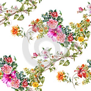 Watercolor painting of leaf and flowers, seamless pattern on white background.