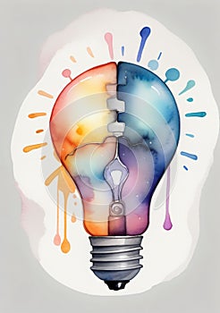 A Watercolor Painting Of A Light Bulb With Paint Spied Around It. Generative AI