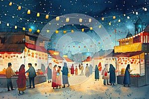 Watercolor painting of lively market during Ramadan nights