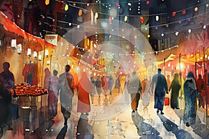 Watercolor painting of lively market during Ramadan nights