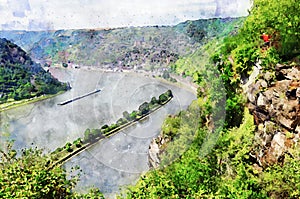 Watercolor painting of Lorelei rock at Rhine gorge in Germany