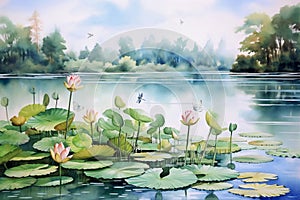 watercolor painting of lotus flowers and leaves in water in an influential and harmonious style of colors
