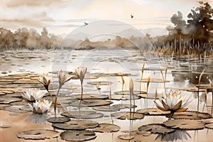 watercolor painting of lotus flowers and leaves in water in an influential and harmonious style of colors