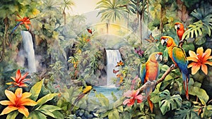 Watercolor painting: A lush, tropical jungle scene, featuring a variety of vividly colored flora and fauna, with parrots,