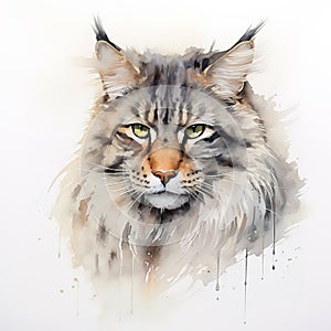 Watercolor painting of main coon cat head on a clean background. Pet. Animals.