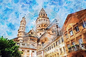 Watercolor painting of Mainz Cathedral in Germany