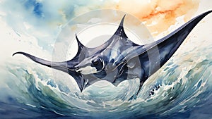 Watercolor painting: A majestic manta ray soaring through the open ocean, its graceful movements and immense size a breathtaking photo