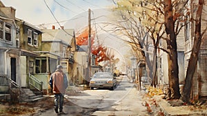 Watercolor Painting Of A Man Walking Down A Street With His Bike