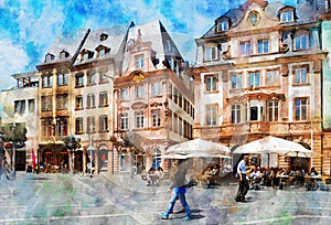 Watercolor painting of Market squard in Mainz. Germany