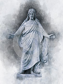 Watercolor painting of medieval church Statue of Jesus Christ with hands outstretched