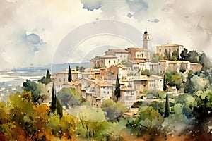 Watercolor painting of the medieval village of San Gimignano, Italy, Saint Paul de Vence, AI Generated