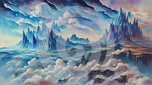 Watercolor painting: A mesmerizing, celestial dreamscape, filled with mythical creatures and surreal landscapes, in the style of