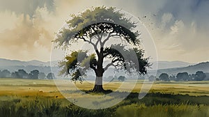 Watercolor Painting: A minimalist of a lone tree standing tall in a serene field, capturing the timeless beauty of nature\'s photo