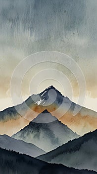 Watercolor Painting: This minimalist photograph captures the majestic stillness of a mountain peak against a vast sky photo