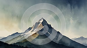 Watercolor Painting: This minimalist photograph captures the majestic stillness of a mountain peak against a vast sky photo