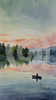 Watercolor Painting: Minimalist photograph a solitary boat drifts on a mirror-like lake, reflecting the sky\'s serene beauty photo