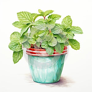 Hyper-detailed Watercolor Painting Of Mint Plant In White Pot photo