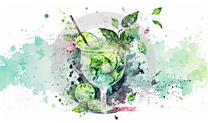 a watercolor painting of a mojito with limes and mints