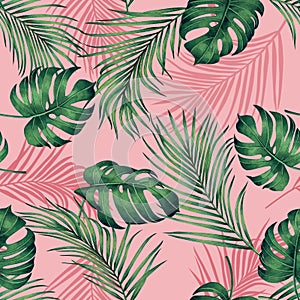 Watercolor painting monstera,coconut leaves seamless pattern with shadow on pink background.Watercolor llustration palm,pink leaf,