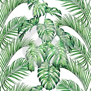 Watercolor painting monstera,palm leaves seamless pattern background.Watercolor hand drawn illustration tropical exotic leaf print