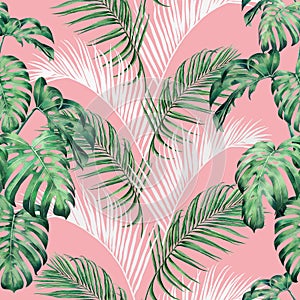 Watercolor painting monstera,palm leaves seamless pattern on pink background.Watercolor hand drawn illustration tropical exotic le