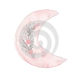 Watercolor Painting with Moon and Floral Branch. Boho Style Illustration with Pink Floral Moon.