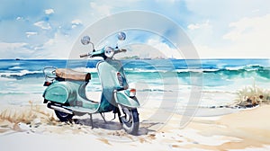 Watercolor Painting Of Moped On Beach: Vintage Modernism Artwork