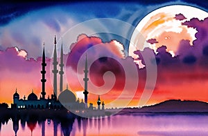 Watercolor Painting of Mosque Night Background for Ramadan Kareem, Eid Mubarak, Ramzan. Watercolor. Generative AI