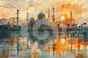 Watercolor painting of a mosque reflection in water during a sunset. Card for an Islamic holiday.