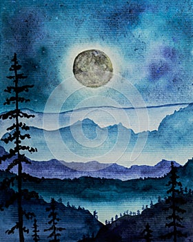 watercolor painting with mountains and a full moon at night. watercolor illustration. Abstract mountains.
